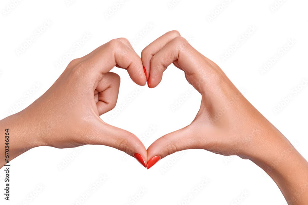 Two hands forming a heart shape, fingers gently touching, nails painted red, against a white background. Two hands forming a heart shape, fingers gently touching, nails painted red, against a white background.