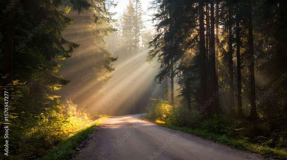 Fototapeta premium Sunlit forest path with golden rays through trees, a serene nature escape