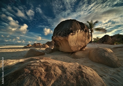 Dramatic Boulders on Tropical Beach at Sunset