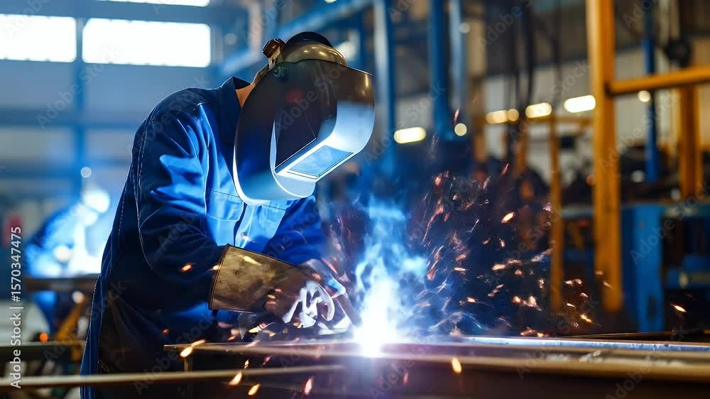 Industrial Worker Welding Metal With Protective Gear And Flying Sparks In Blue Light Industrial Worker Welding Metal With Protective Gear And Flying Sparks In Blue Light