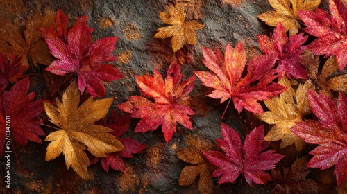 Autumn leaves scattered on dark textured surface fall orange