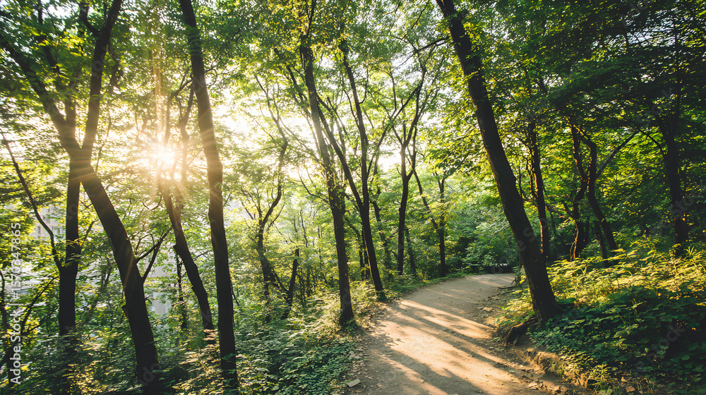 Obraz premium Sunlit forest path with golden rays through trees, a serene nature escape
