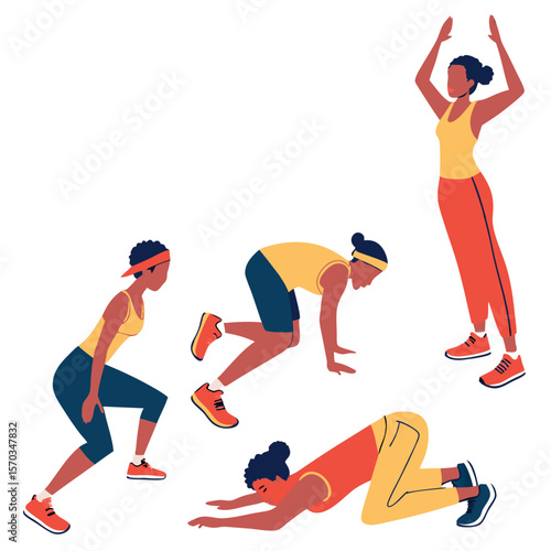 Women Performing Various Fitness Exercises: A Colorful Illustration