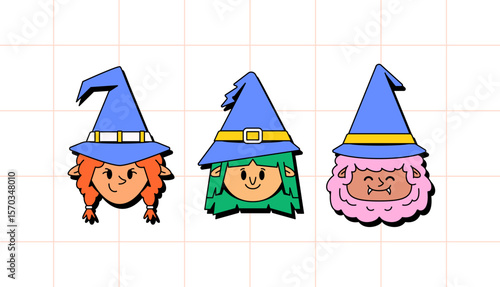 Cartoon style illustration of three smiling witch characters with colorful hair and pointy blue hats. Perfect for Halloween designs, kids' crafts, greeting cards, and magical character collections.