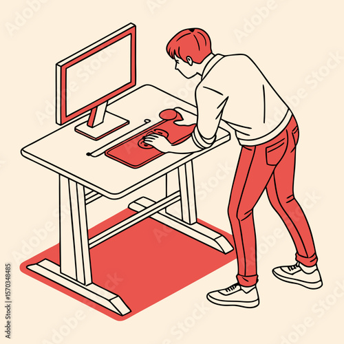 Young Man Using Computer at Standing Desk, Isometric Illustration