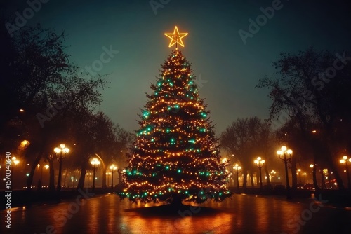 Festive Christmas tree lights brightening city park in the evening title. illuminating at night