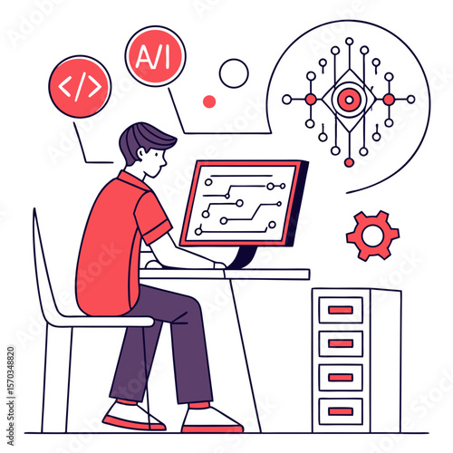 Young Programmer Working on AI Project at Desk