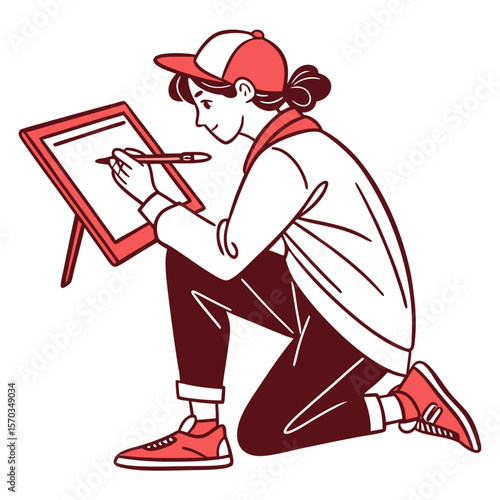 Young Woman Artist Kneeling While Drawing on Easel