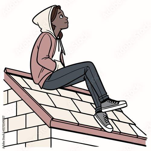 Young Woman Contemplatively Sitting on a Rooftop