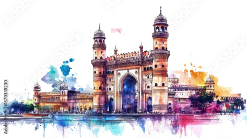 watercolor illustration of Charminar in Hyderabad on white background