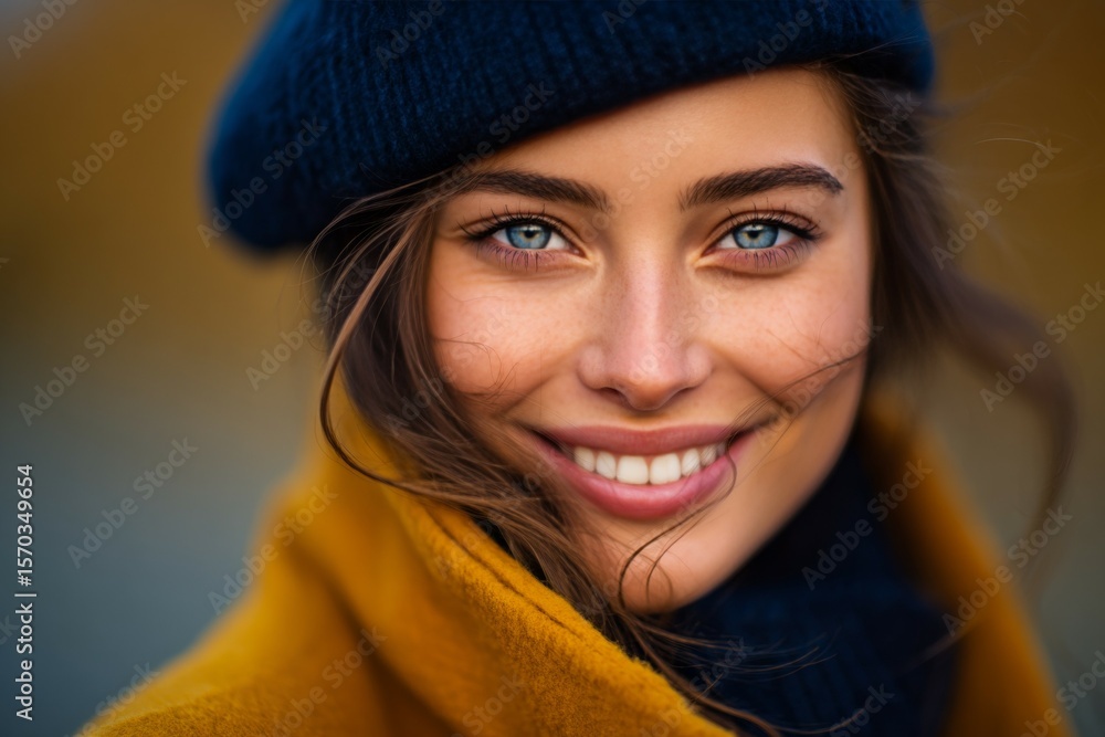 Young caucasian female smiling in yellow coat and blue beret outdoors Young caucasian female smiling in yellow coat and blue beret outdoors