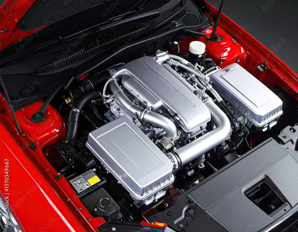Obraz premium Red car engine compartment