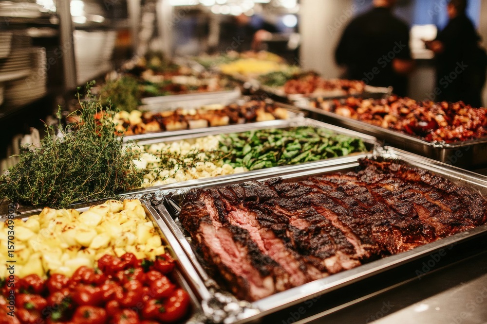 Obraz premium Indoor Restaurant Buffet Catering with Grilled Meat - Delicious Selection