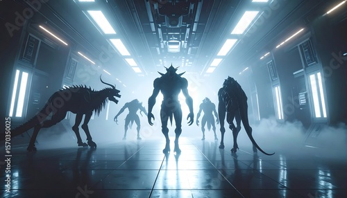 Silhouetted Figures Walking in Foggy Sci-fi Corridor