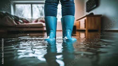 Man in blue boots standing water inside flooded building - dramatic Person with house