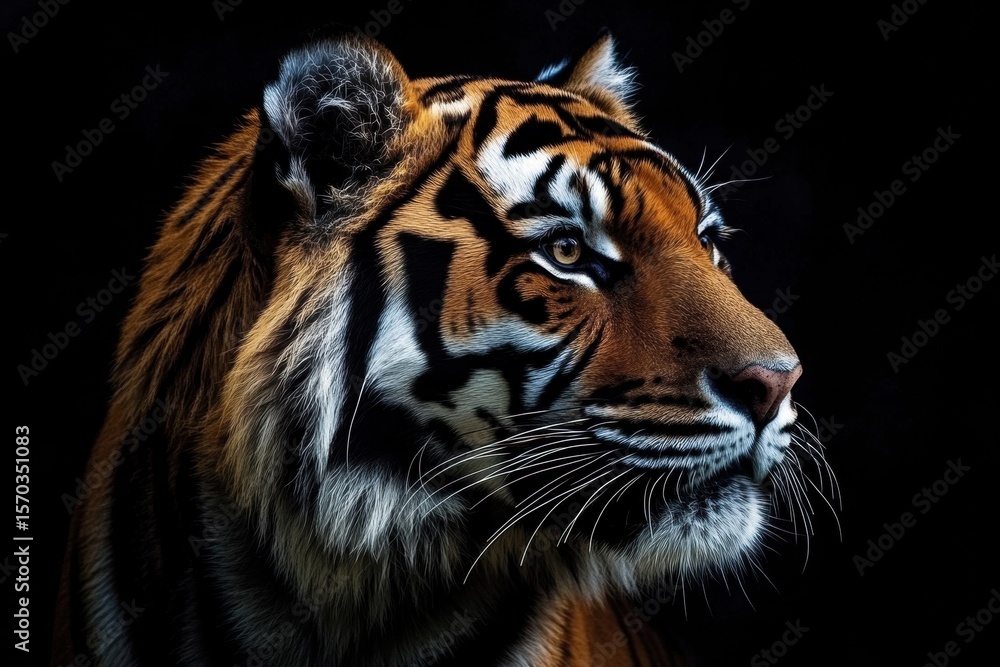 Fototapeta premium Portrait of a Sumatran Tiger (Panthera tigris sumatrae) in Front View, Isolated view on black