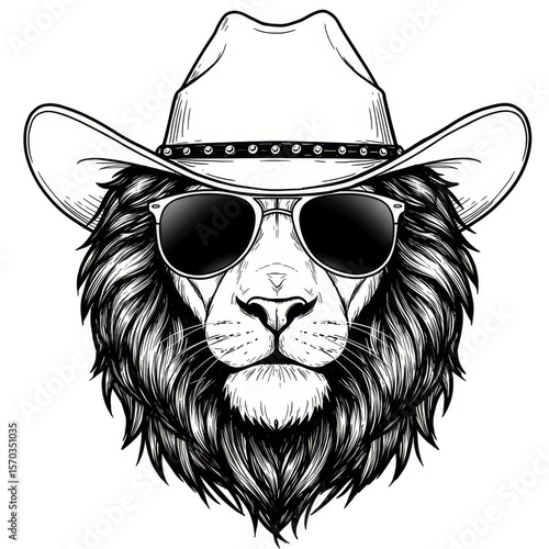 Lion Cowboy Illustration Wearing Sunglasses in White Isolated