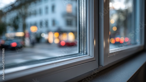 Close-up view of a triple-pane soundproof window showing rubber seals with traffic blurred in the background