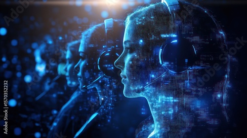 Futuristic customer support representatives with digital interface overlays