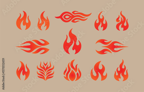 Collection of stylized fire and flame icons in red and orange gradients against a neutral beige background representing energy and passion