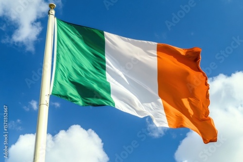 Vibrant Ireland flag waving proudly against a clear blue sky backdrop in on background