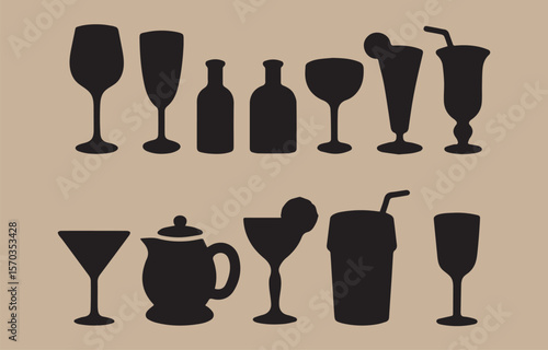Collection of black silhouettes of various alcoholic and non alcoholic drinks and glassware including wine glasses champagne flutes bottles martini glass and a pitcher on a neutral background