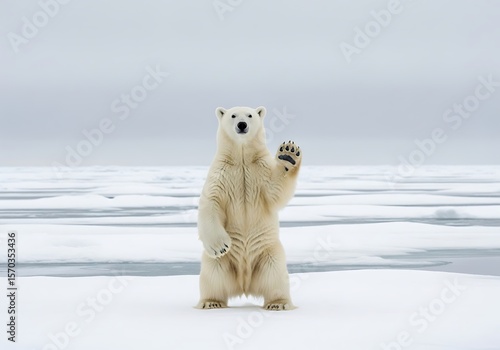 Humorous And Friendly Polar Bear Stands Upright On The Arctic Ice And Appears To Wave Its Paw At The Camera In A Snowy Landscape, Arctic Wildlife, Humorous Animal, Climate Change
