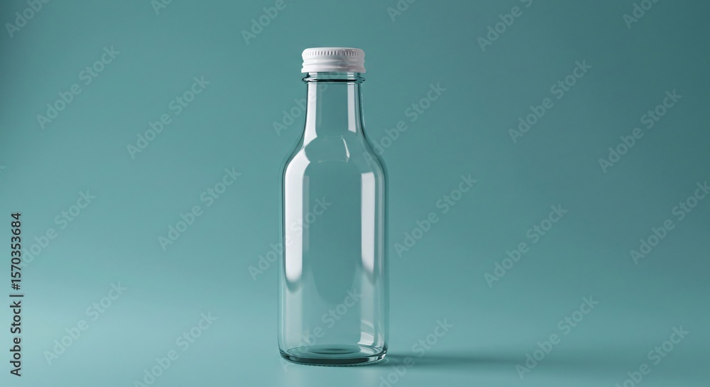Fototapeta premium Minimalist clear glass bottle with white cap on a serene turquoise background