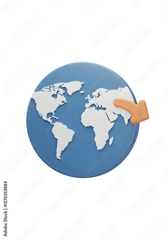 Fototapeta premium Light Blue World Map with Orange Arrow Pointing East on Transparent