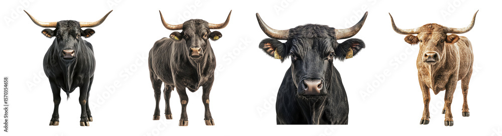 Naklejka premium Four Distinct Cattle Breeds Displaying Unique Features and Colors, Isolated on Transparent Background