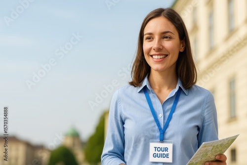 Young Female Tour Guide Smiling While Holding Map and Standing in Front of Historical Building on a Sunny Day