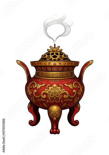 red and gold incense burner with smoke clip art preview