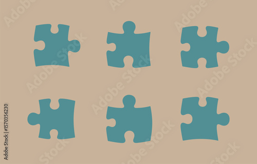 Six teal colored puzzle pieces are arranged in two rows of three against a muted beige background symbolizing connection and problem solving