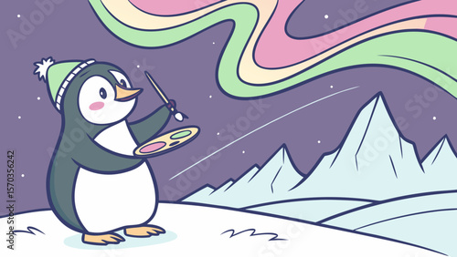 Penguin painting aurora borealis northern lights winter landscape illustration art design vector image