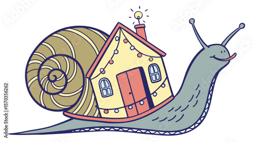 Snail house vector illustration, cute home on a snail, snail shell house, whimsical animal house drawing vector
