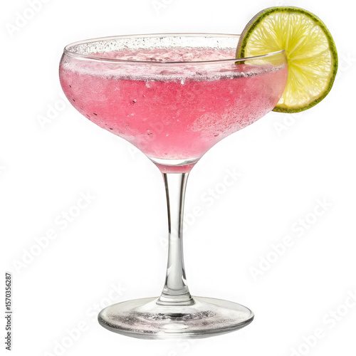 Refreshing pink cocktail with lime garnish in a coupe glass isolated on transparent background