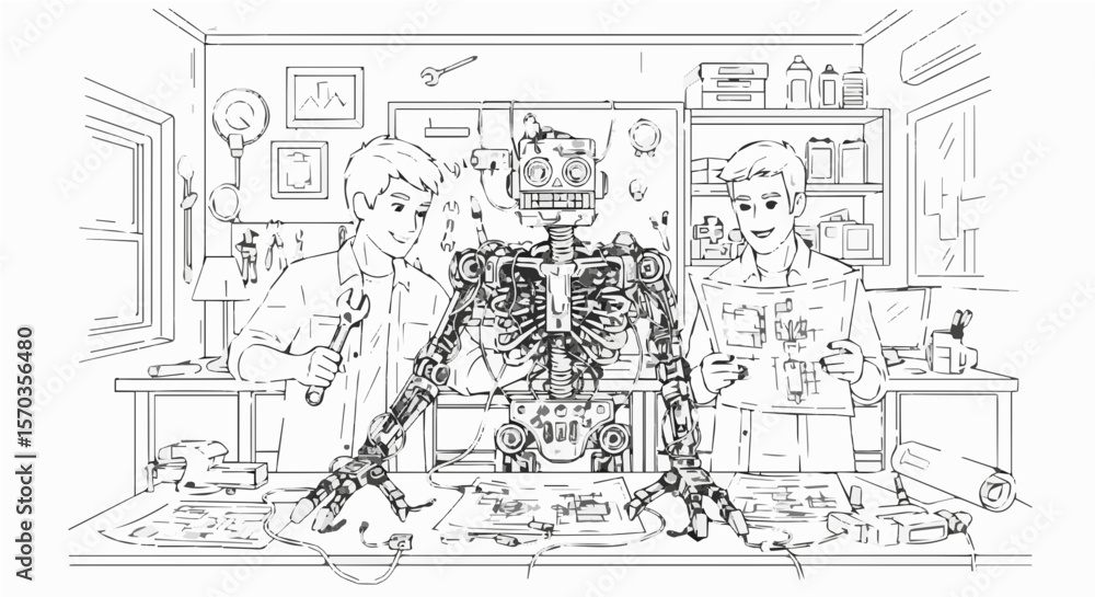 custom made wallpaper toronto digitalIllustration of robot repair shop with engineers fixing a robot for engineering projects and ai research
