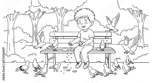 Boy feeding pigeons on a park bench coloring page for kids activity and educational resources drawing line art