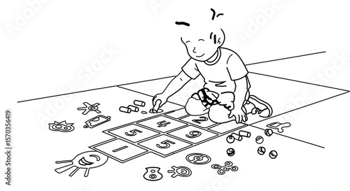Illustration of a boy playing math game with number tiles and counters on the floor activity time fun 123