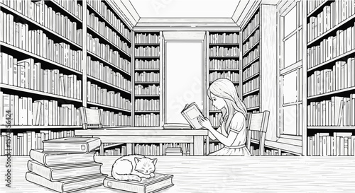 Illustration of girl reading book in library with cat sleeping on books drawing for coloring page art