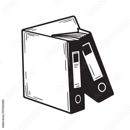 Black and white illustration of two vintage art ring binder folders for office or school organization
