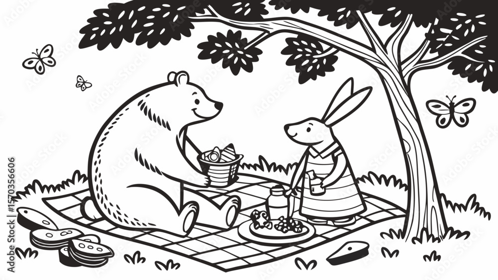 Obraz premium Bear and rabbit having a picnic coloring page for kids fun activity and relaxation printable art therapy project