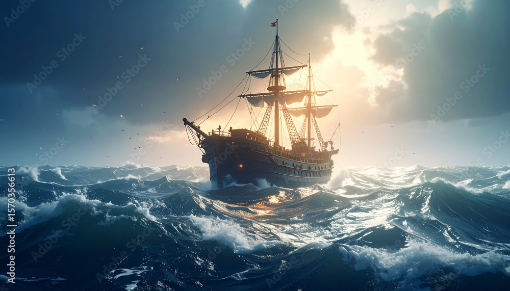 Fototapeta premium Tall Ship Sailing on Choppy Blue Ocean at Sunset