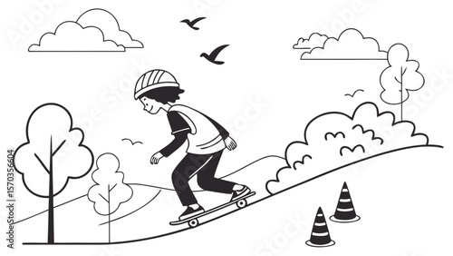 Skateboarding adventure illustration featuring skateboarder, trees, clouds, and safety cones in black and white
