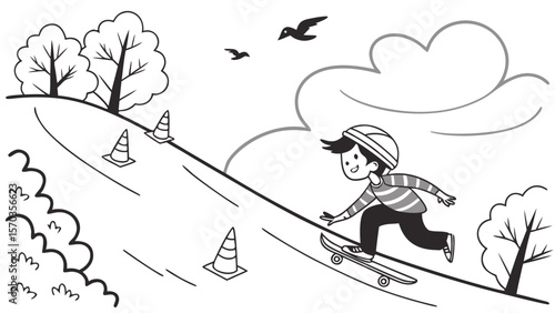 Boy skateboarding downhill with helmet on in a park landscape black and white line art drawing