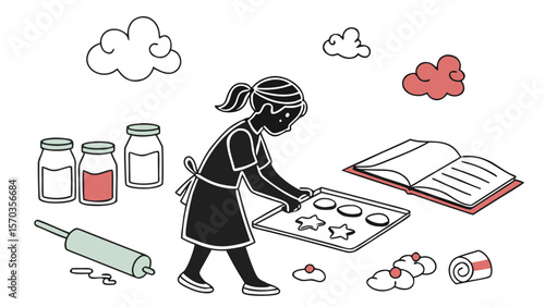 Girl baking cookies home kitchen recipe book cloud jars rolling pin baking tray illustration vector design