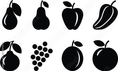 A collection of fruit icons including pears apples grapes and a pepper in black and white