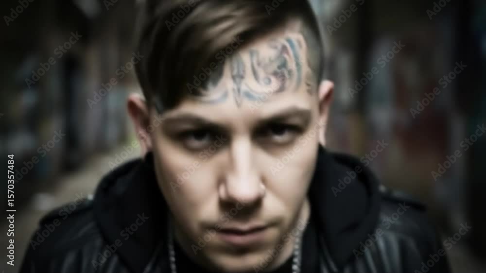 Man with Forehead Tattoo in Alleyway, Cinematic Portrait Video Shot Man with Forehead Tattoo in Alleyway, Cinematic Portrait Video Shot