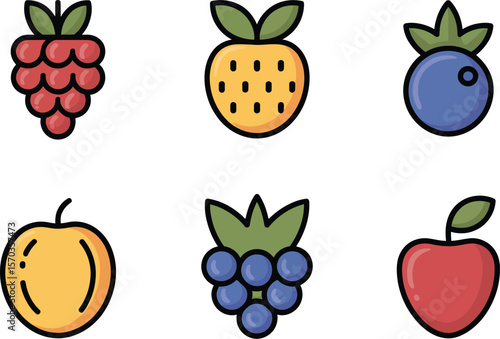 A collection of six fruit icons including raspberry strawberry blueberry and apples