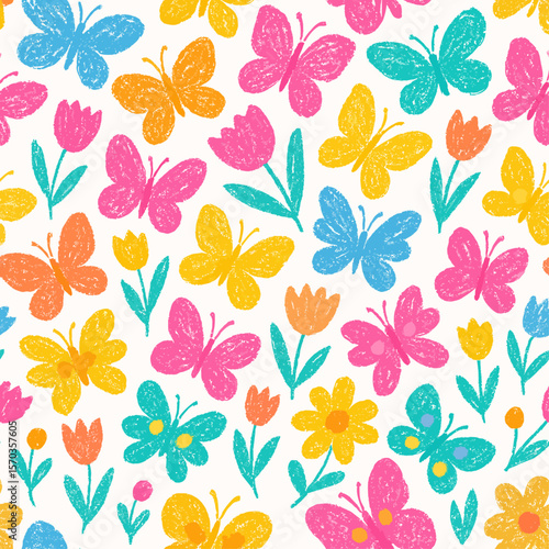 Colorful butterflies and tulips in a cheerful, repeating pattern.